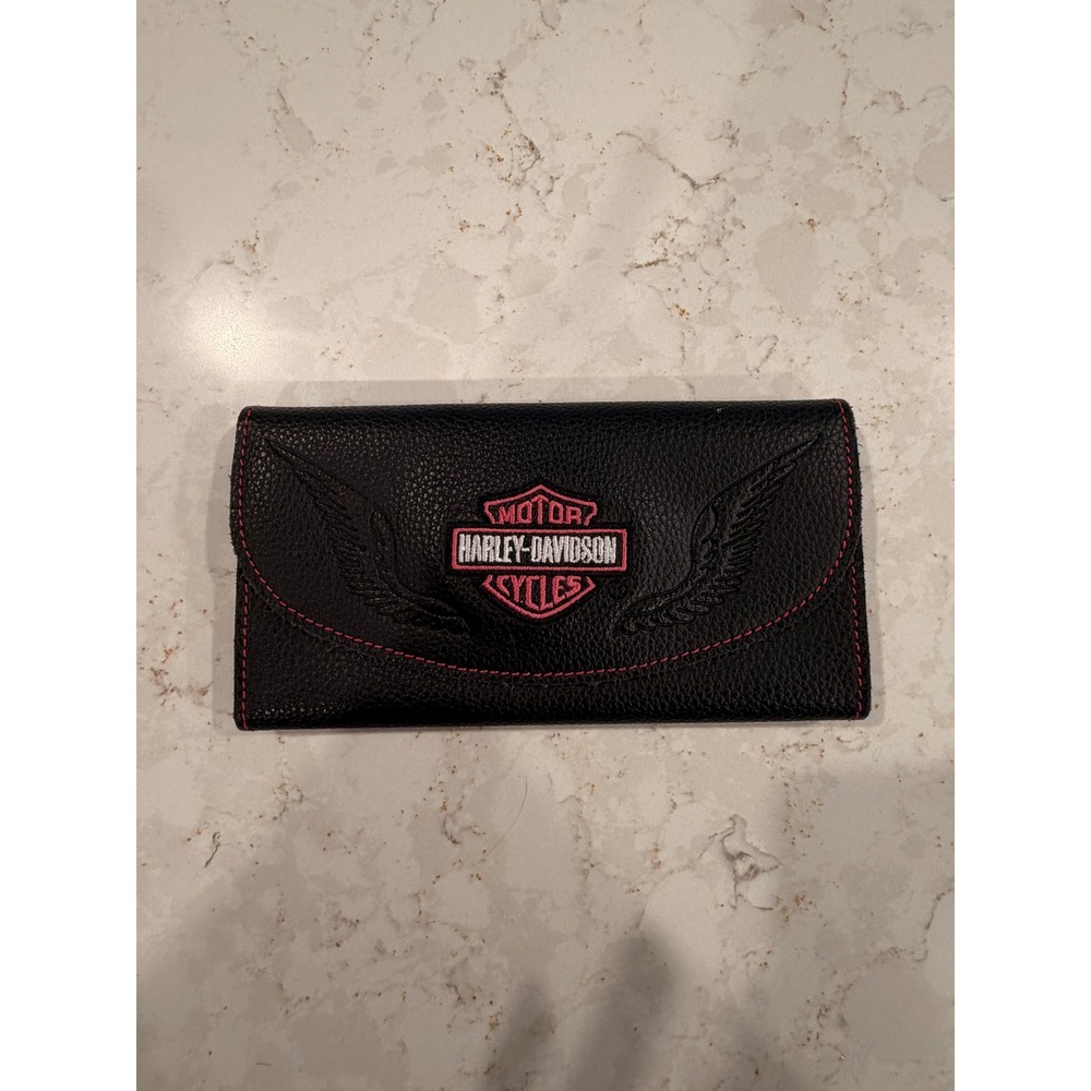Harley-Davidson‎ Womens Black Genuine Leather Wallet Pink Stitching Motorcycle